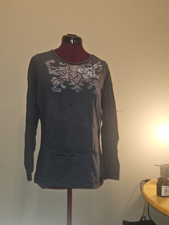 Columbia Tops - Dark Gray Long Sleeve Top with Metallic Floral Accent